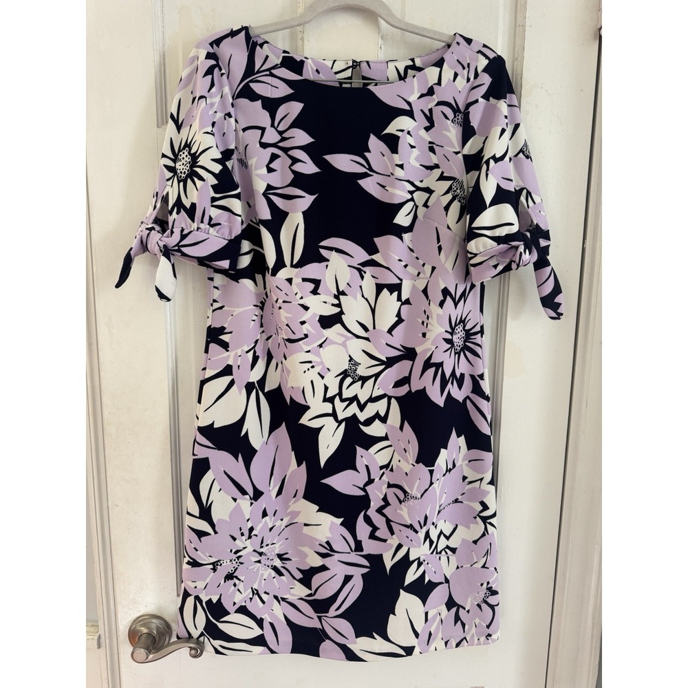 Jessica H 8 Floral Dress Navy Purple Tie Sleeve Stretch Sheath Work Office